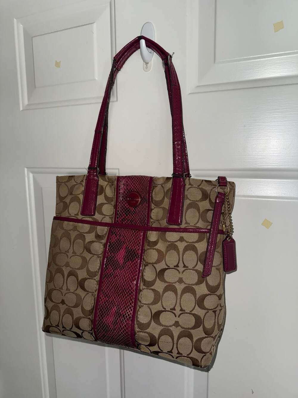 COACH Signature Stripe Raspberry Pink Python F 25706 Bag Purse Tote